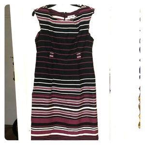 Burgundy, black white striped dress, sleeveless
